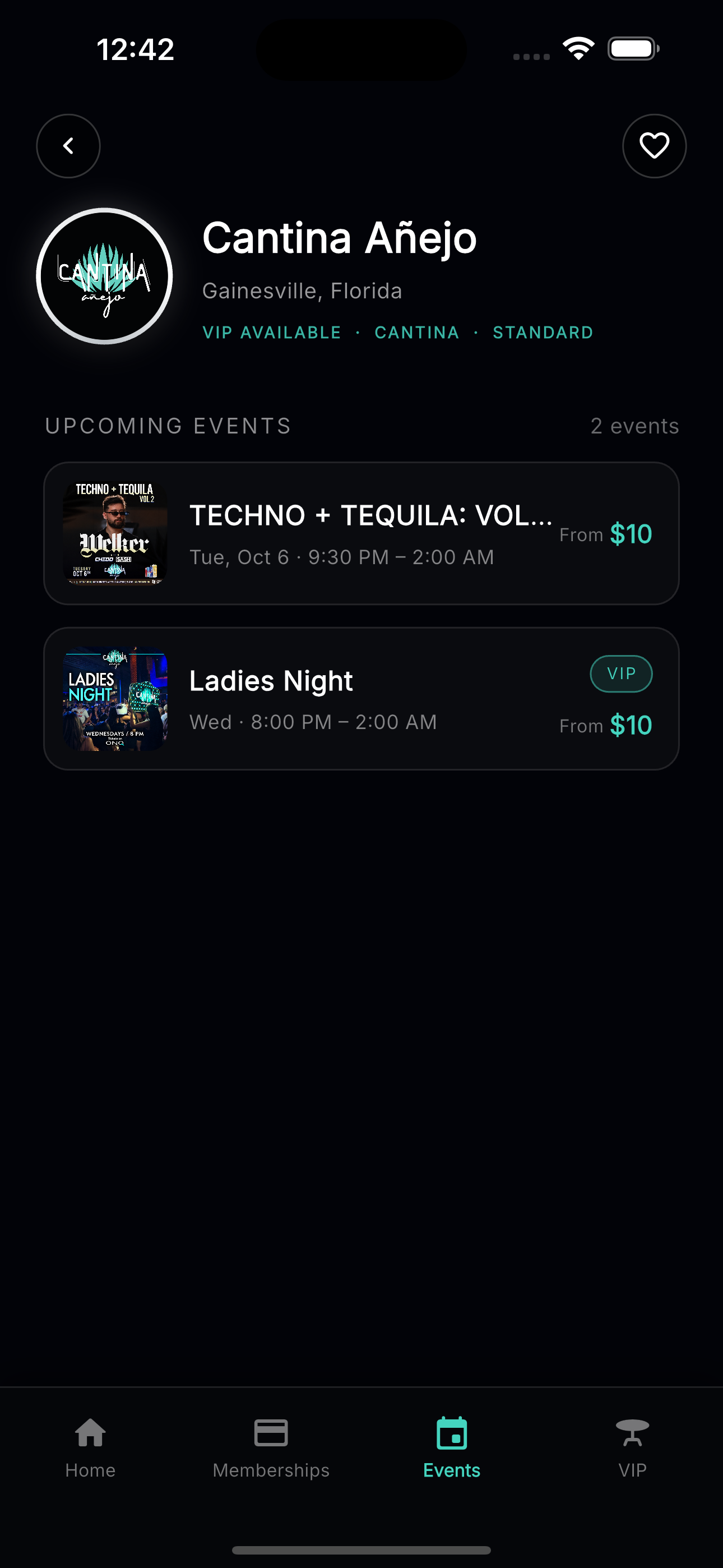 Cantina Añejo upcoming events in ONQ, including Techno + Tequila and Ladies Night