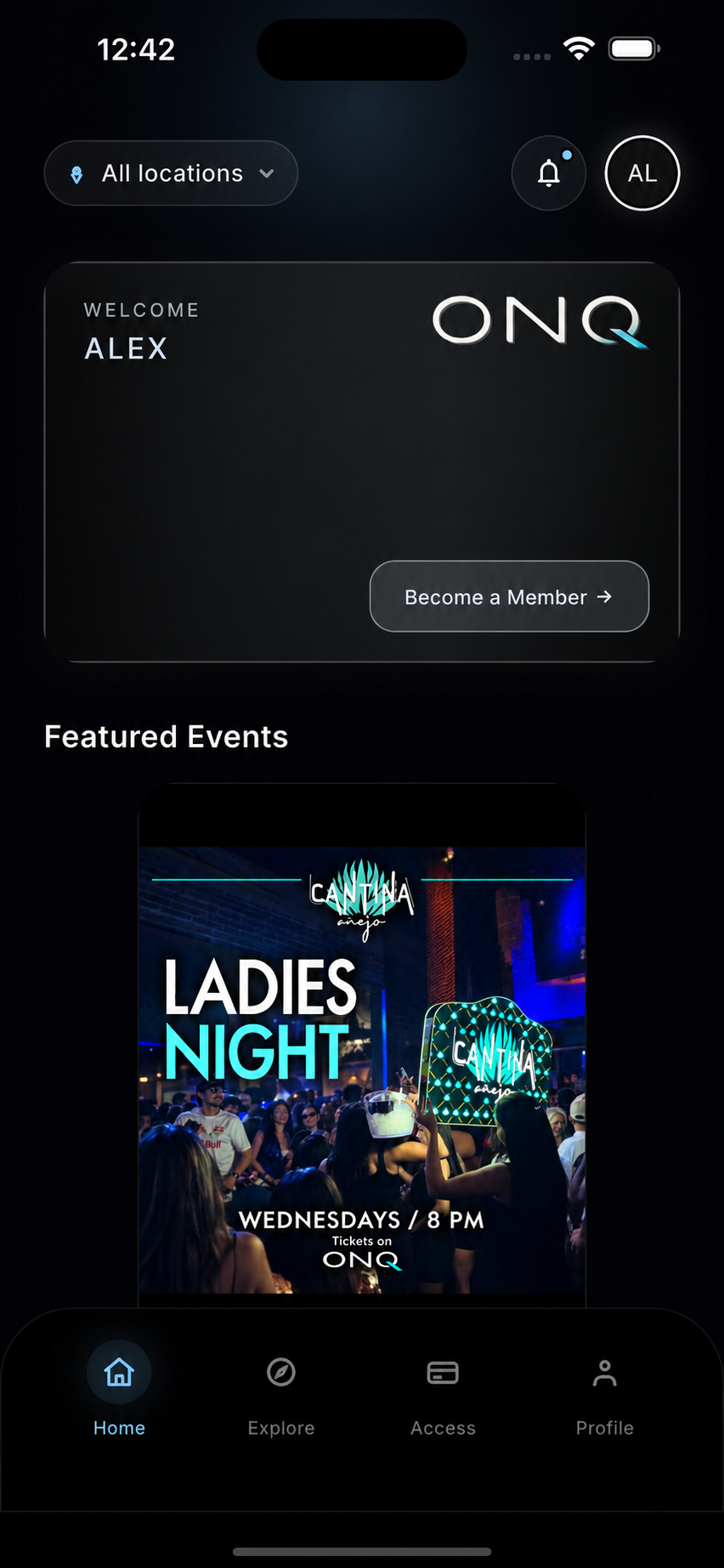 ONQ Home with the welcome card and featured Ladies Night event