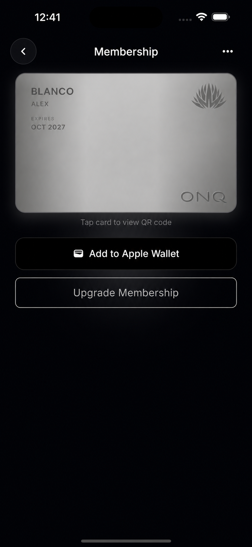 ONQ Blanco membership card with Add to Apple Wallet and Upgrade Membership options