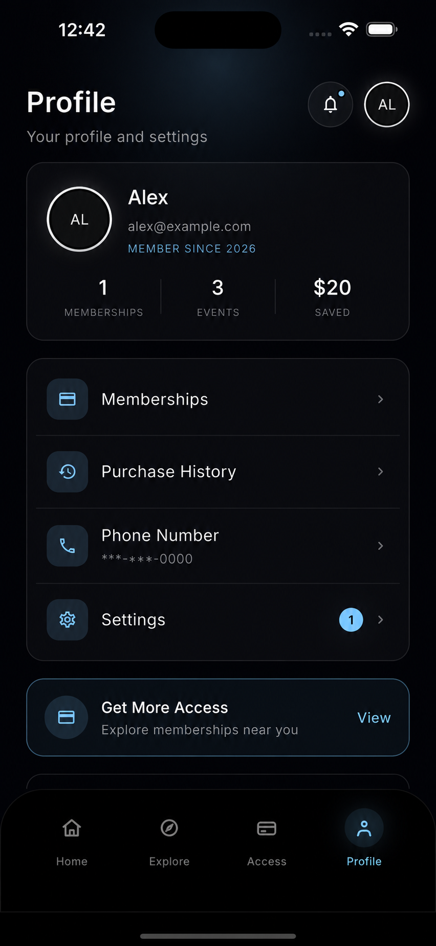 ONQ Profile showing memberships, purchase history, and account settings