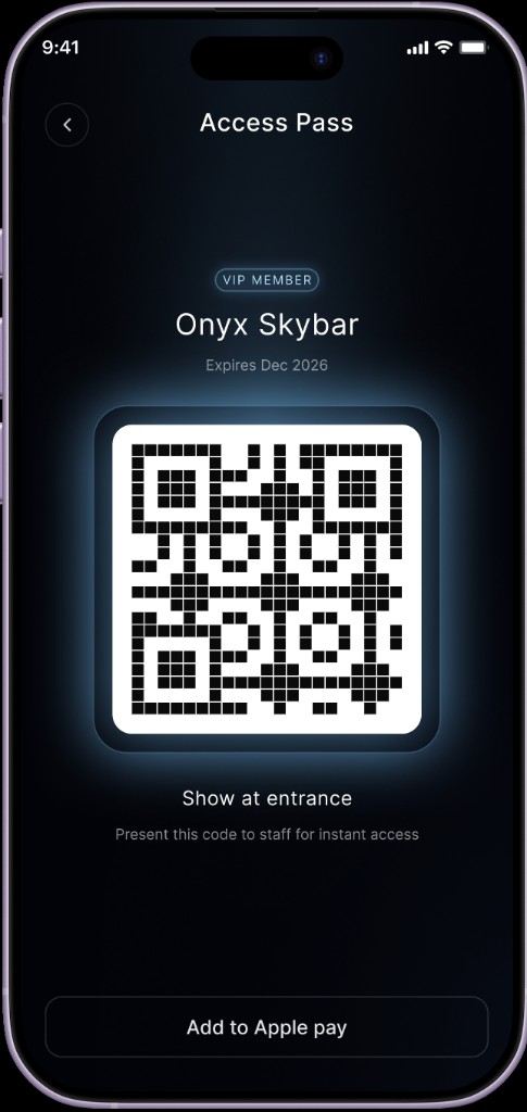 OnQ VIP member access pass for Onyx Skybar