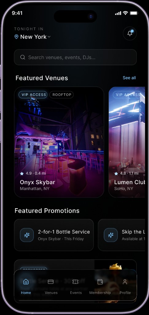 OnQ app home screen showing featured venues in New York