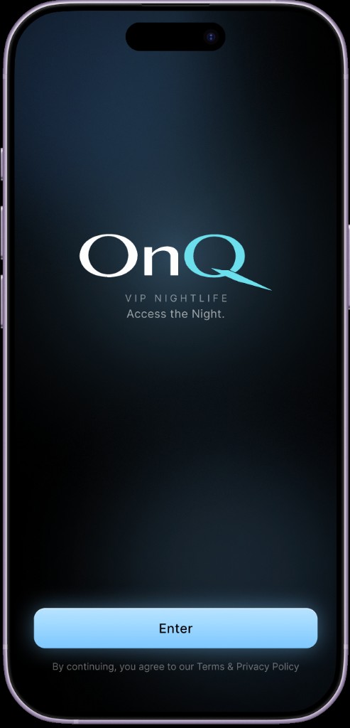 OnQ app splash screen — VIP Nightlife, Access the Night