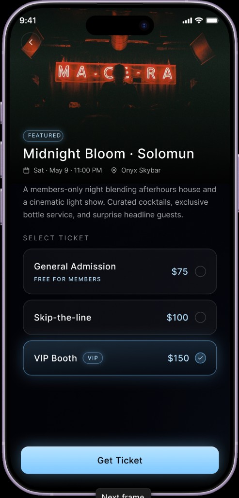 OnQ app event ticketing screen with VIP booth selection